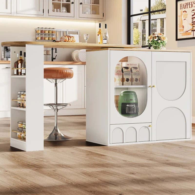 360° Rotating Bar Table with Storage Shelves & Metal Handles - Multi-Functional Dining Table & Sideboard, White, 204L x 39W x 105H cm