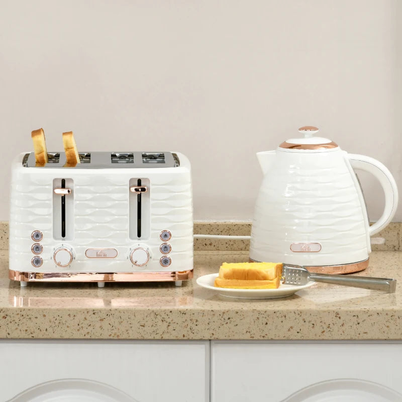 Cream White Kettle and Toaster Set - 3000W Rapid Boil 1.7L Kettle & 4 Slice Toaster with 7 Browning Controls