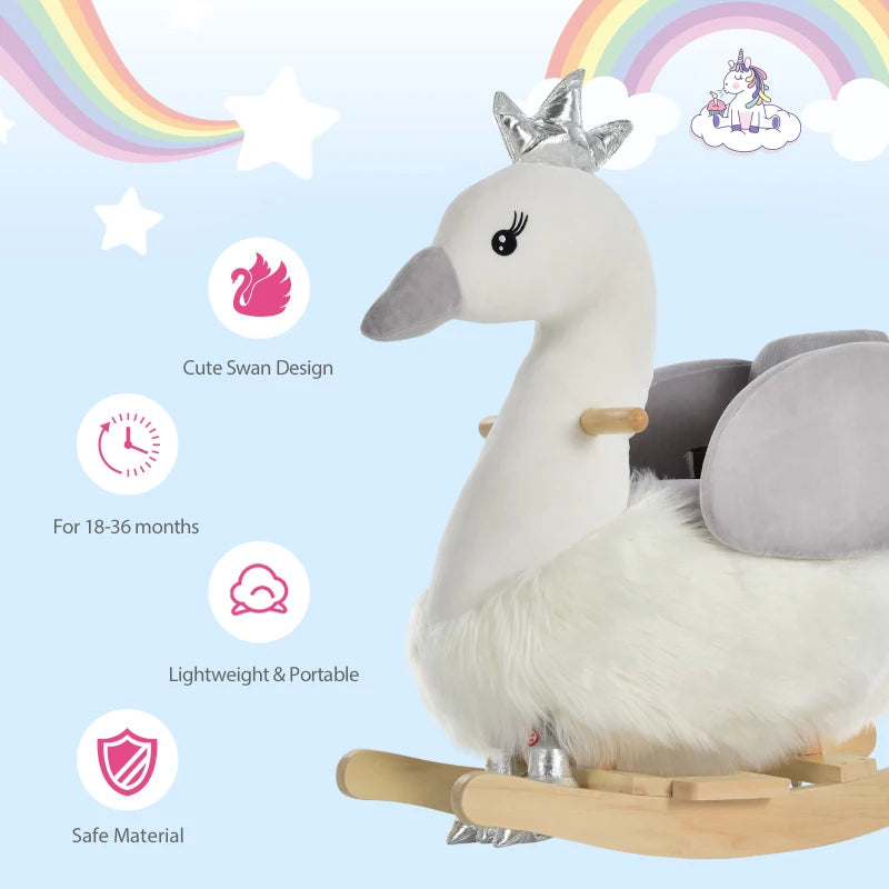 Kids Plush Rocking Horse & Swan Ride-On Toy with Sound, Wooden Base, Safety Belt for Toddlers 18-36 Months - White & Grey