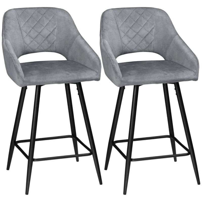 Set of 2 Velvet Bar Stools - Counter Height Kitchen Chairs with Steel Legs - Stylish Grey Dining Area Barstools