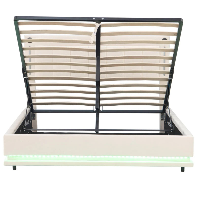 King Size LED Hydraulic Bed with Charging Station Adjustable Tufted Headboard Space Saving Design Beige