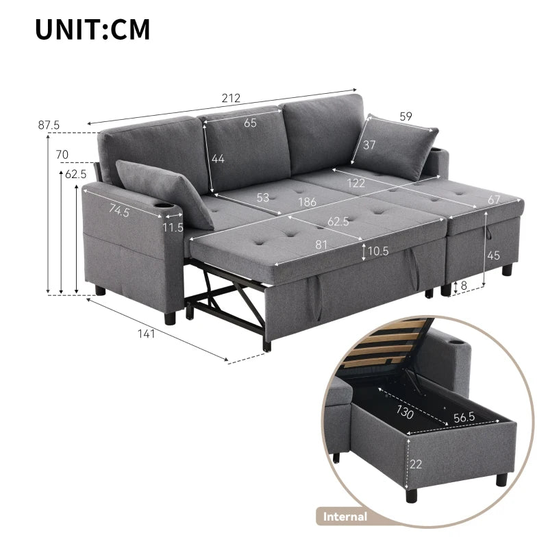 L-Shaped Linen Look Corner Sofa Bed with Storage, 3 Seater Pull-Out Settee, Grey, 212x141x87.5 cm
