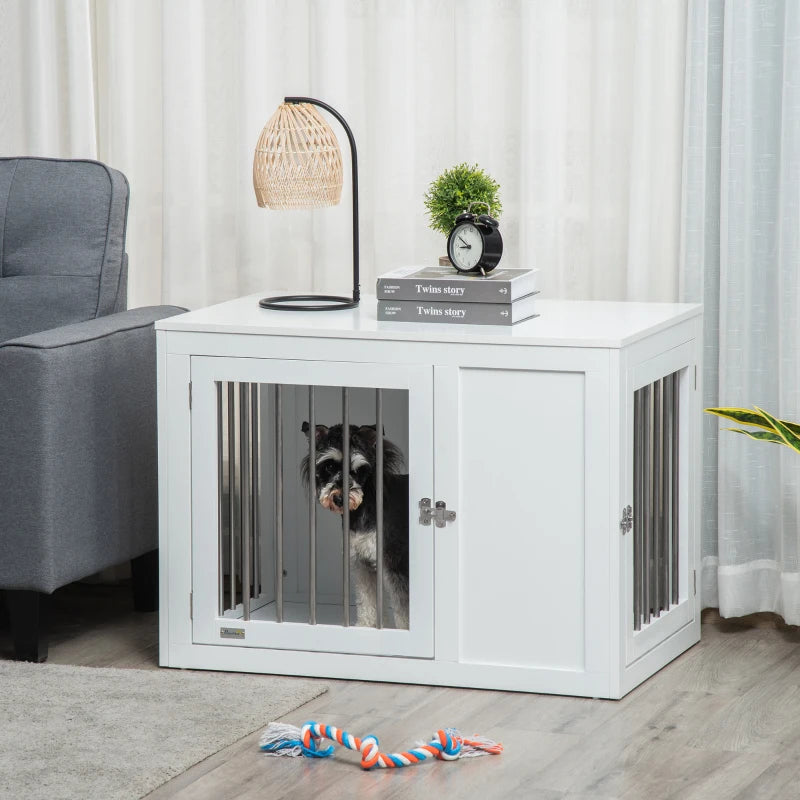 2-in-1 Dog Cage & Side Table for Medium Dogs - White, Lockable Doors, Stylish Pet Furniture, Space-Saving Design