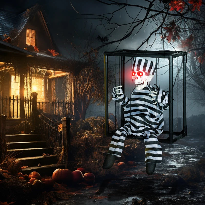 Halloween Animated Skeleton Prisoner in Cage with Glowing LED Eyes - Spooky Battery Operated Indoor Decorations for Parties