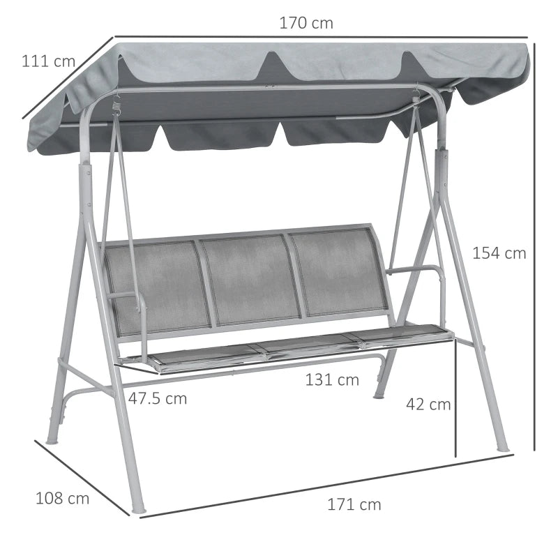 Light Grey Metal Garden Swing Chair, 3-Seater Patio Hammock Bench