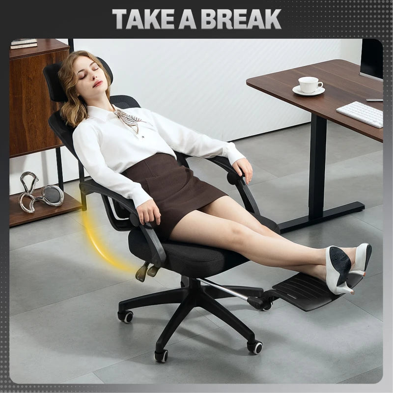 Ergonomic Mesh Office Chair with Adjustable Lumbar Support, Headrest & Footrest - Reclining Executive Swivel Desk Chair in Black
