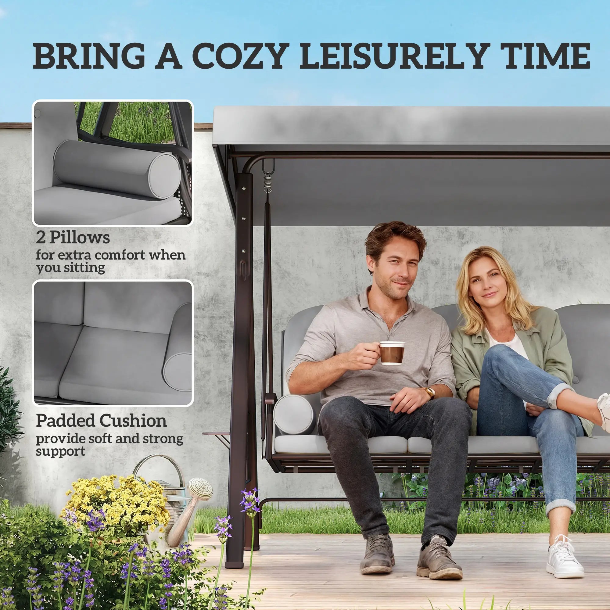 3 Seater Garden Swing Chair with Adjustable Canopy, Cushioned Outdoor Patio Swing Seat, Heavy-Duty Steel Frame, Cup Holder Trays, Weather-Resistant Light Grey Canopy Swing Bench for Garden