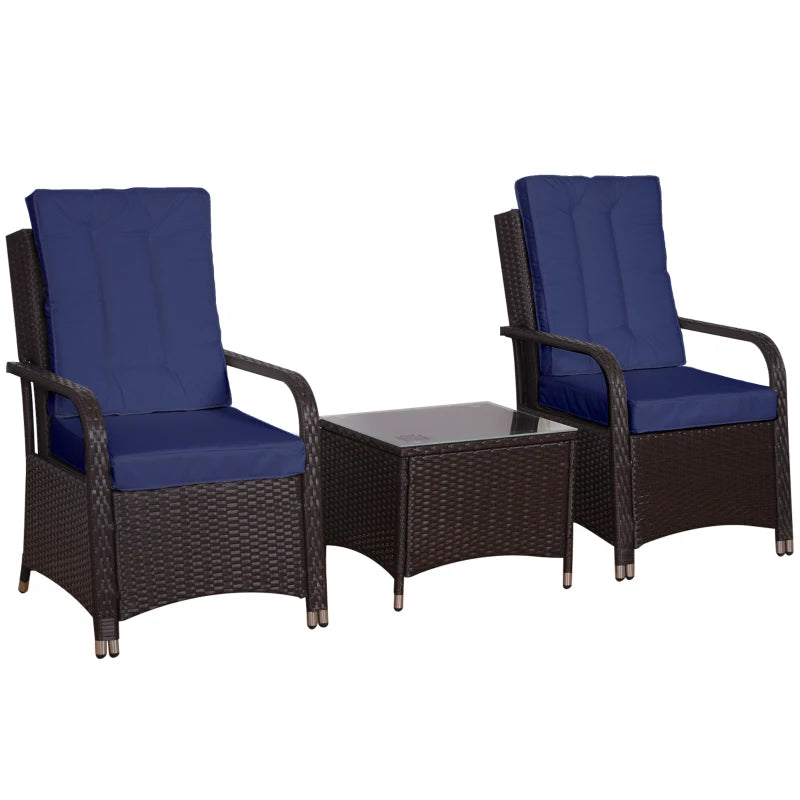 Dark Blue 3-Piece Patio Rattan Bistro Set with Cushioned Chairs and Coffee Table