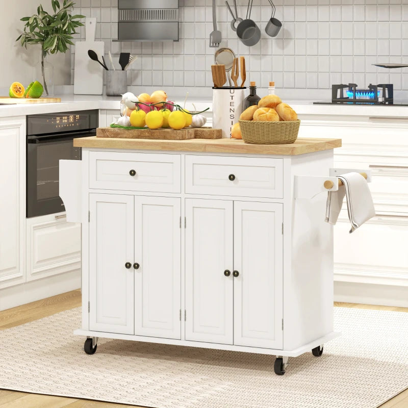 Rolling Kitchen Island Storage Trolley with Rubber Wood Top & Drawers - Cream White Dining Room Cart