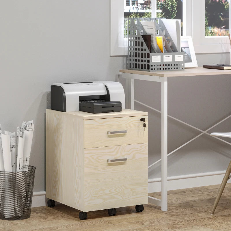 Vinsetto 2-Drawer Locking Office Filing Cabinet with 5 Wheels - Oak Wood Grain Storage for A4 Files & Home Organization