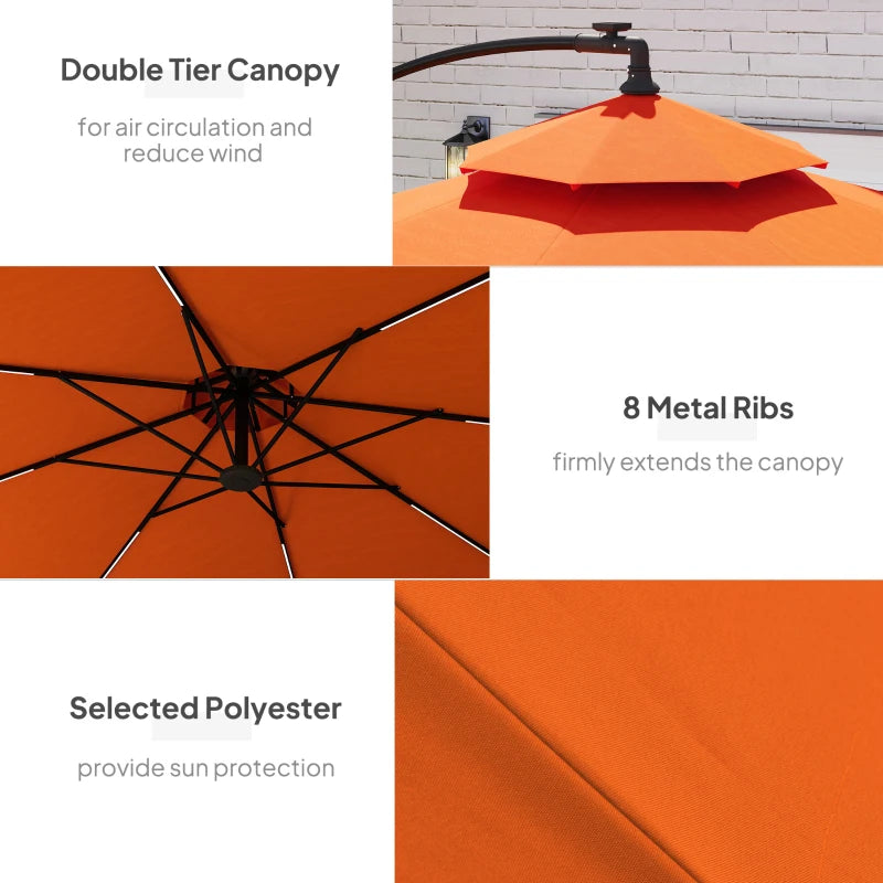 3m Orange LED Lighted Patio Umbrella - Overhanging Garden Parasol for Outdoor Use