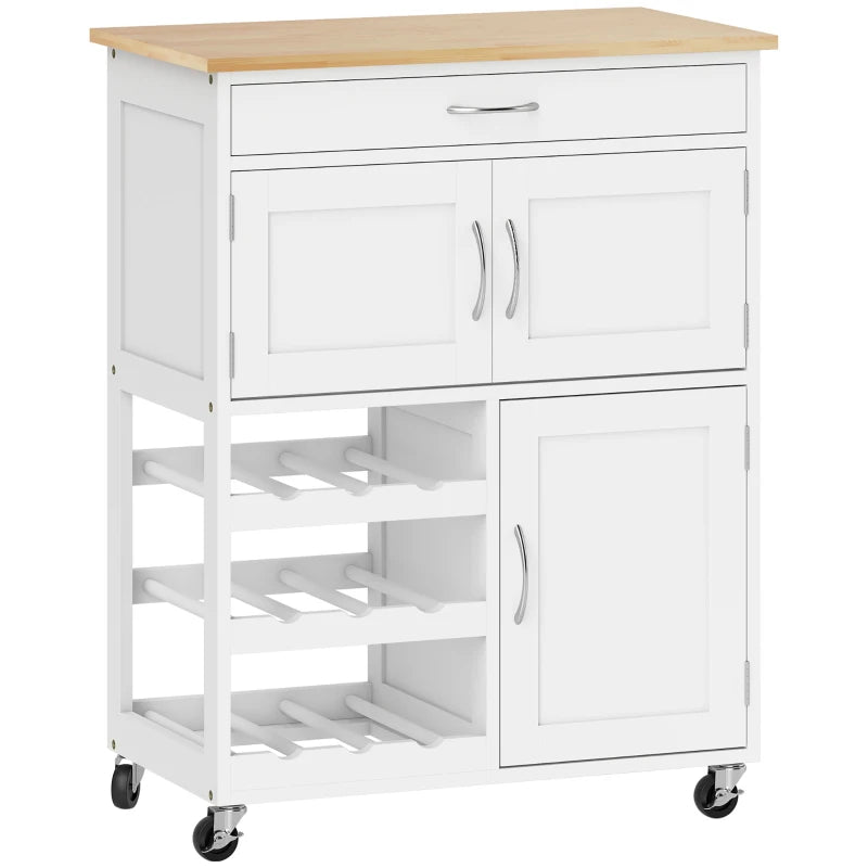Modern Kitchen Trolley - Rolling Storage Cart with Drawer, 9-Bottle Wine Rack, Door Cabinets & Wooden Countertop in White
