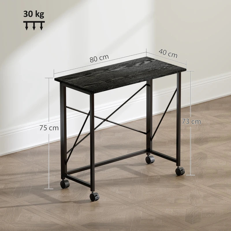 Compact 80 cm Folding Desk on Wheels - Versatile Black Mobile Workstation for Home Office, Study, and Small Spaces