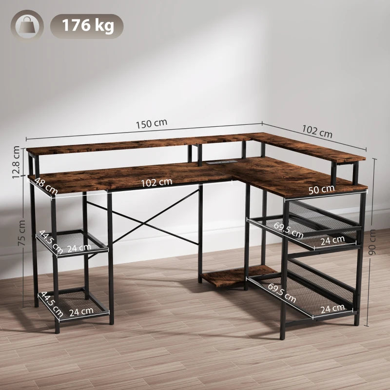 Modern LED Light 'L' Shape Computer Desk with Shelves - Stylish Brown Finish for Home Office