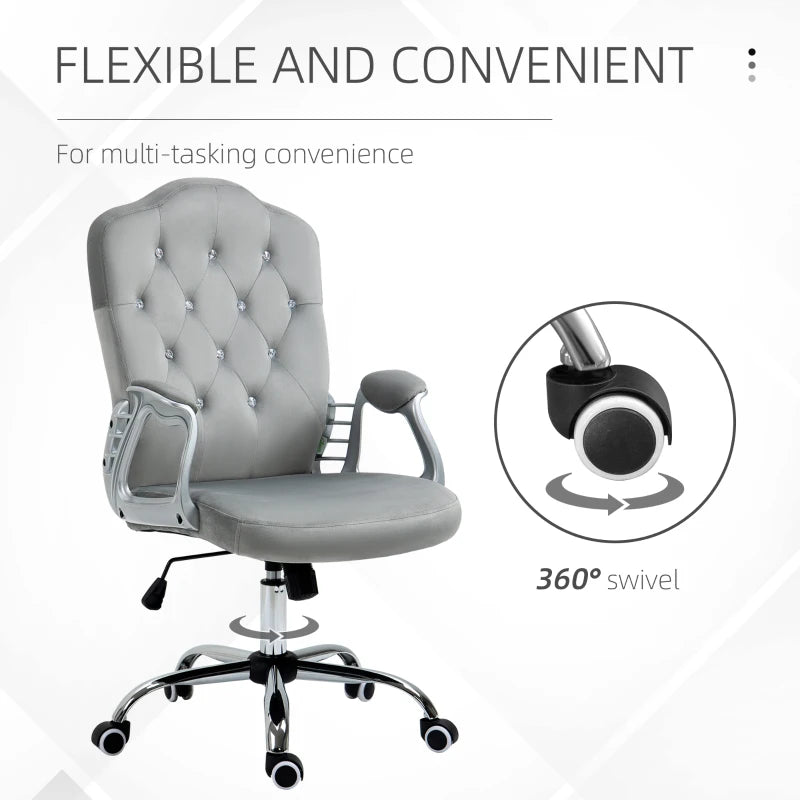 Vinsetto Grey Velvet-Feel Office Chair with Diamante Back - Stylish Ergonomic Design for Home & Office Use