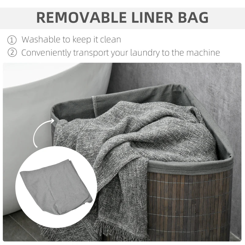 Stylish Grey Bamboo Laundry Basket with Lid - 55L Hamper, Removable Washable Lining, Perfect Corner Storage, 38x38x57cm