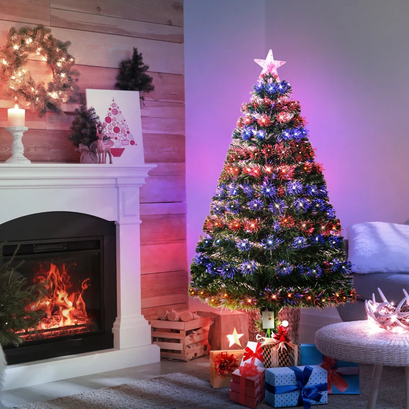 4ft Prelit Artificial Christmas Tree with Multi-Colored Fiber Optic LED Lights - Festive Holiday Home Decoration, Green Xmas Tree