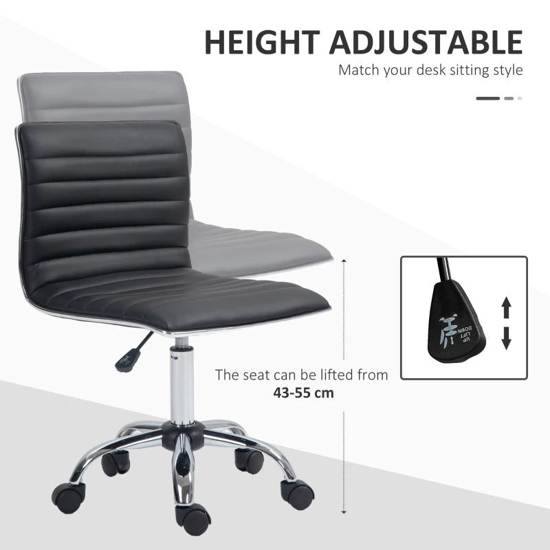 Armless Swivel Task Desk Chair with Faux Leather Adjustable Height Chrome Base and Wheels for Home Office Black