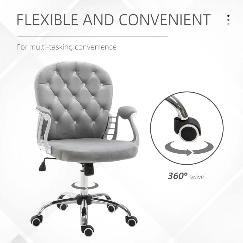 Vinsetto Grey Velvet Office Chair - Swivel Desk Chair with Adjustable Height & Rolling Wheels for Home & Study