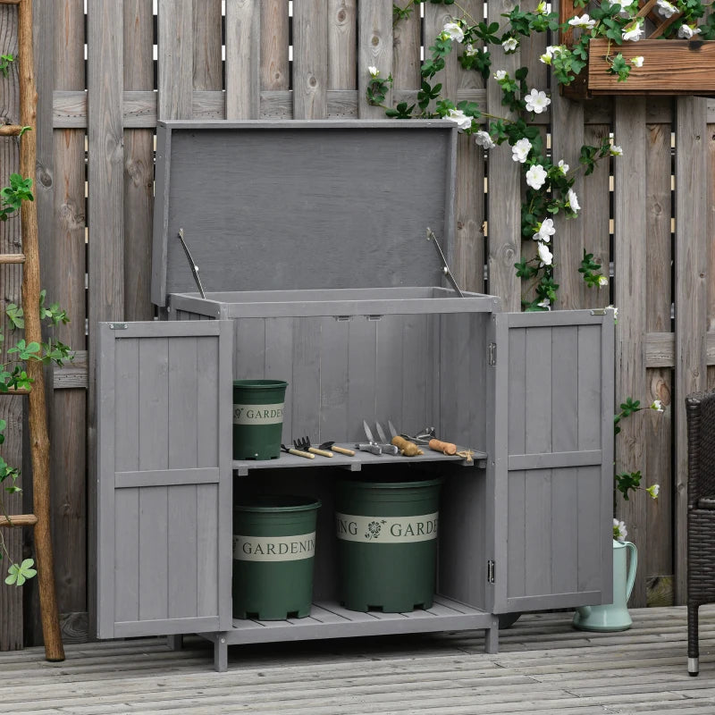 Wooden Garden Shed with Hinged Roof and Removable Shelf Outdoor Tool Storage Cabinet Double Doors 74x43x88cm Grey