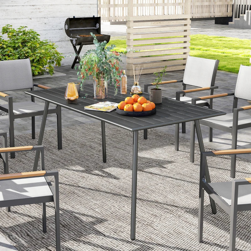 Outdoor Rectangle Garden Table for 6 - Slat Top, Steel Frame, 150x80 cm, Grey