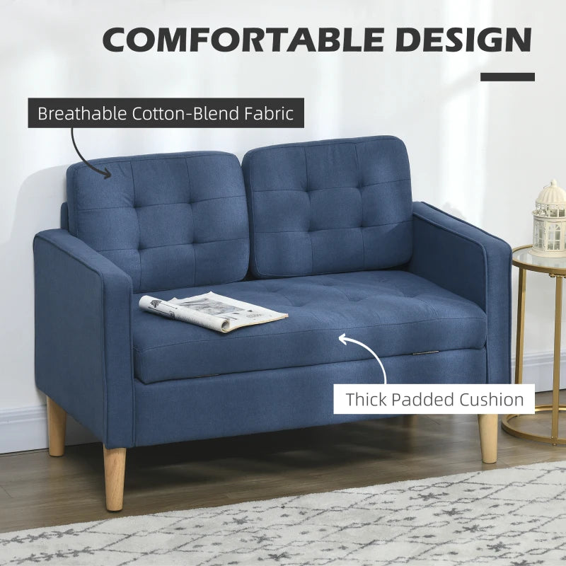 Compact Modern Loveseat Sofa with Hidden Storage, 117cm Tufted Cotton Couch with Wooden Legs in Blue