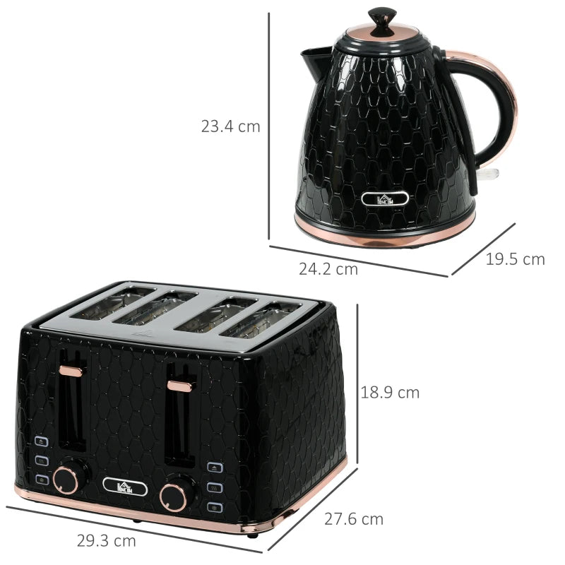 1.7L 3000W Fast Boil Kettle & 4 Slice Toaster Set - Black, 7 Browning Controls, Crumb Tray, Kitchen Essentials