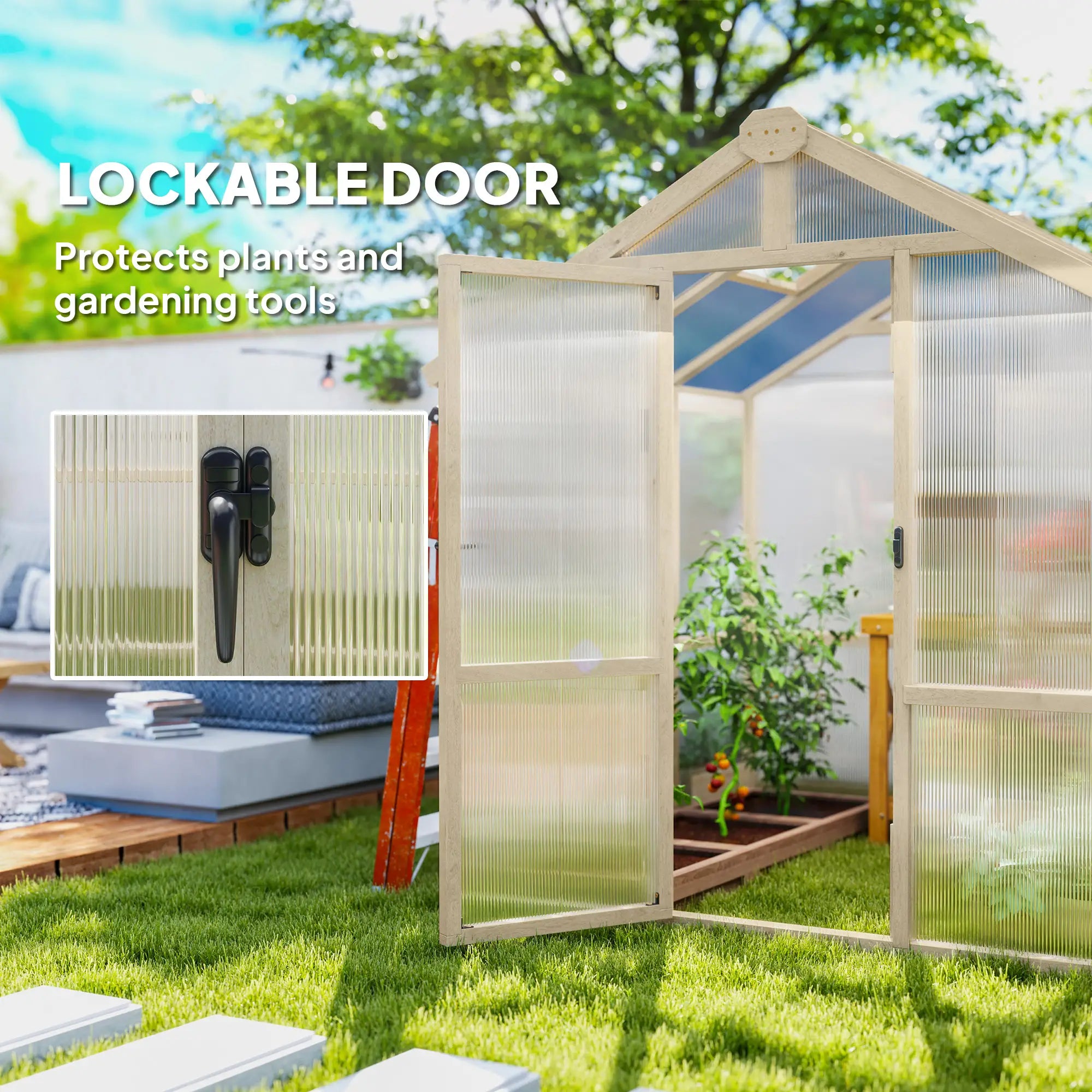 6.6ft x 6ft Polycarbonate Greenhouse - Walk-in Wooden Framed Greenhouse - Plants Grow House, Brown