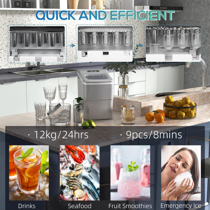 12kg Countertop Ice Cube Maker Machine with Scoop - Silver-Tone, Perfect for Home Bars and Parties