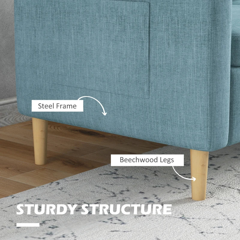 Modern Two-Seater Sofa for Living Room, Stylish Fabric Couch with Wooden Legs and Storage Pockets, Blue