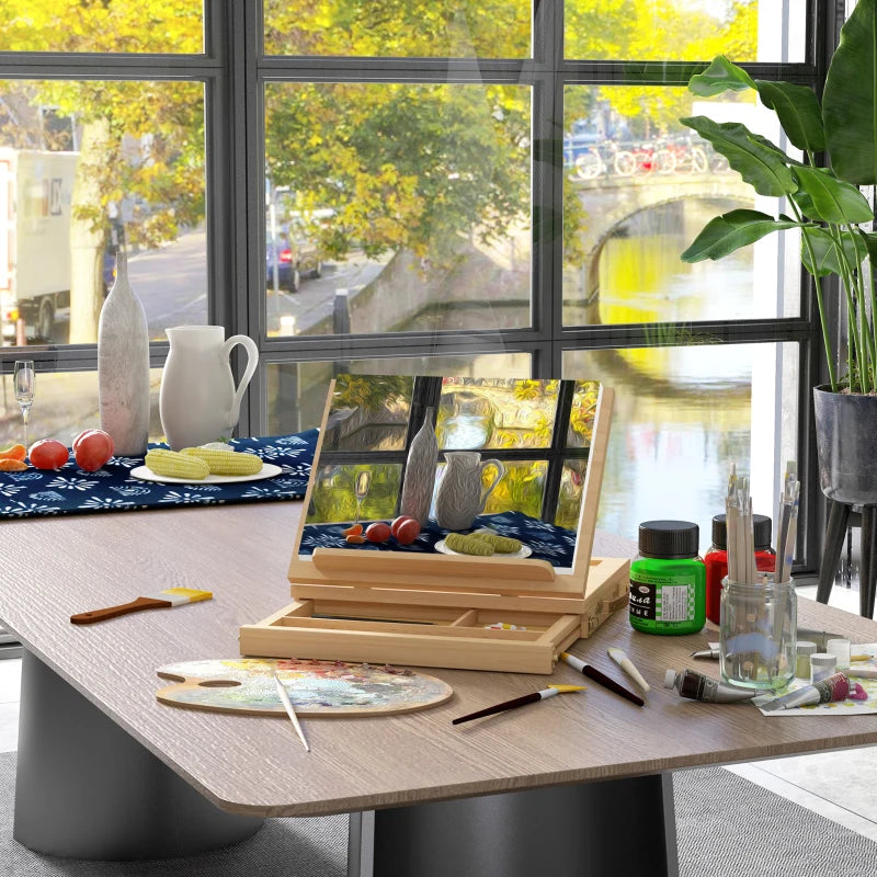 Vinsetto Portable Wooden Table Easel Box with Storage - Folding Artist Easel in Natural Finish for Painting and Drawing