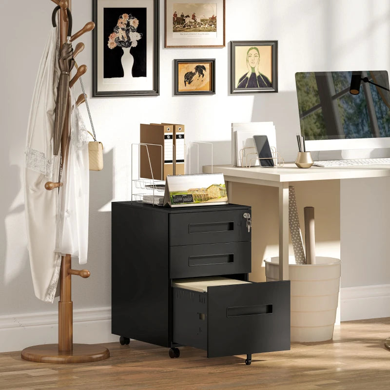 Vinsetto Black Three-Drawer Steel Filing Cabinet - Durable Office Storage Solution for Organizing Documents and Files