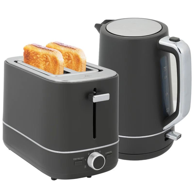 Premium Grey Kettle and Toaster Set - 1.7L Fast Boil 3000W Kettle & 2 Slice Toaster with 6 Browning Levels