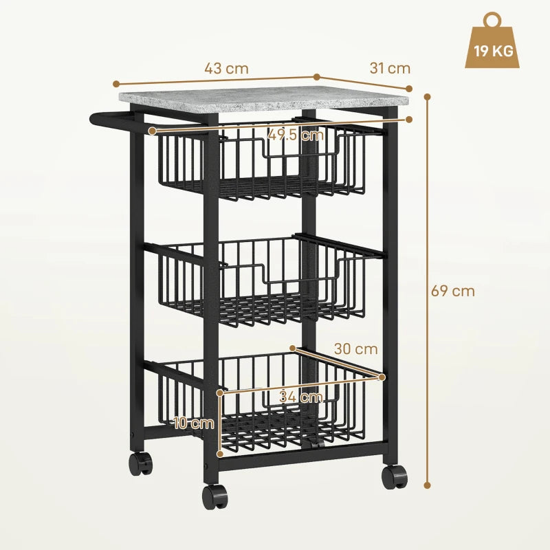 Three Basket Mobile Kitchen Island with Brakes - Stylish Grey/Black Storage Solution for Home Cooking and Dining