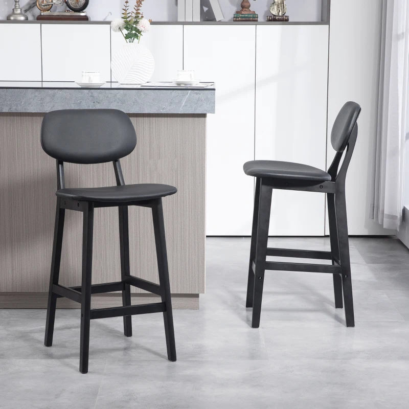 Set of 2 Classic Black Wooden Bar Stools with Faux Leather Seats - Stylish & Durable Design for Home or Bar