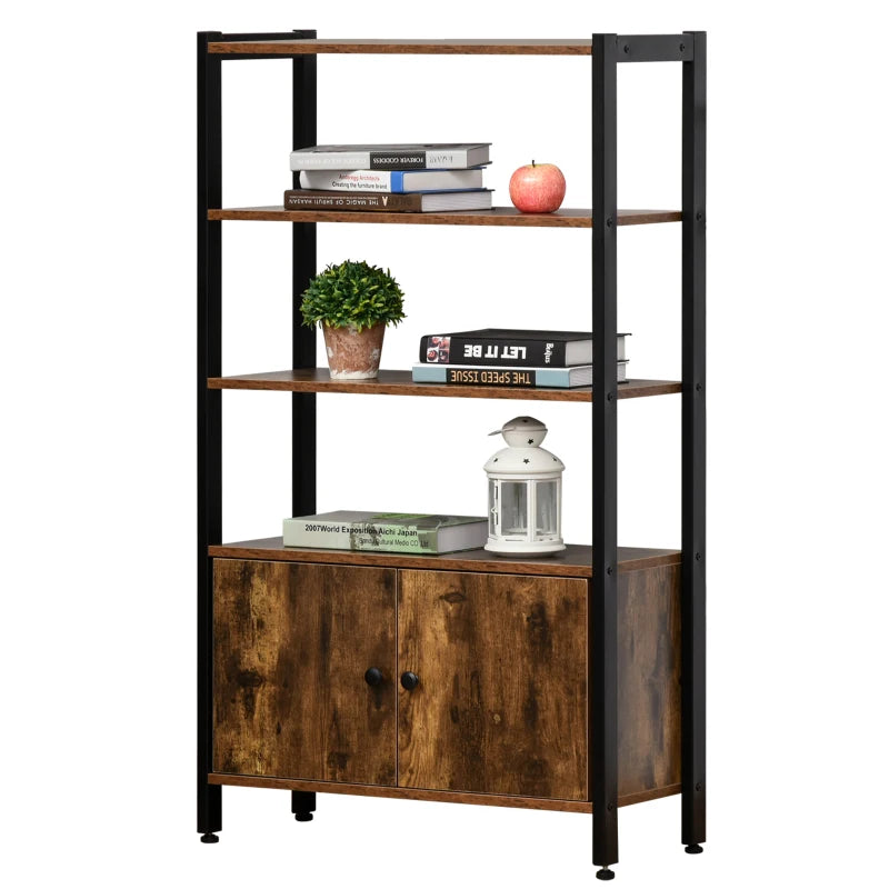 Rustic Brown 3-Tier Industrial Bookshelf & Storage Cabinet with Doors for Home Office & Living Room