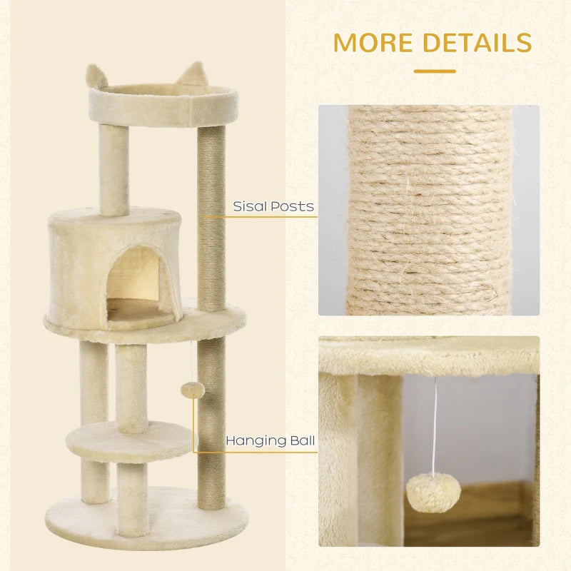 104 cm Cat Tree Condo Tower - Plush Perch, Scratching Posts & Hanging Ball - Cream White Activity Centre for Cats