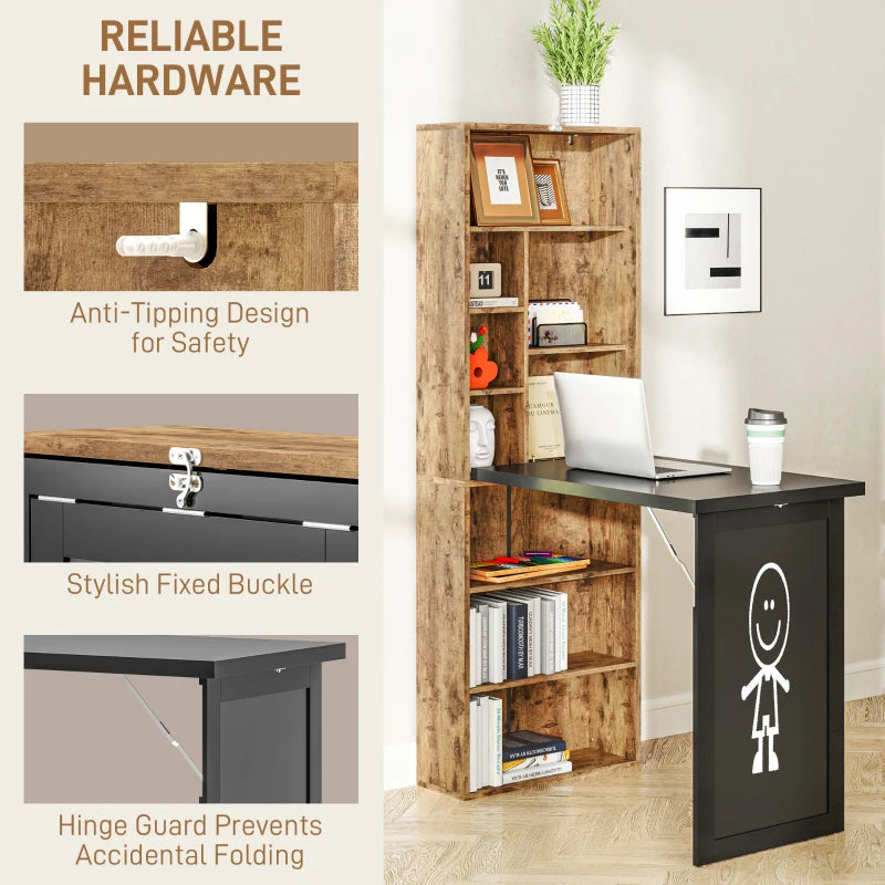 Rustic Brown Folding Desk with Blackboard - Multi-Function Computer Workstation & Side Shelf for Home Office