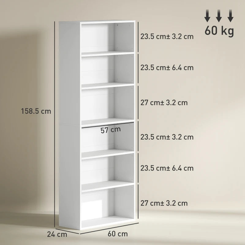 Modern White Six Shelf Bookcase - Stylish Storage Solution for Home or Office, Perfect for Organizing Books and Decor