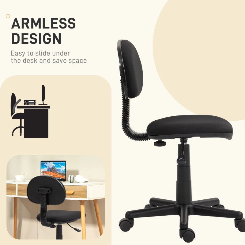 Ergonomic Small Armless Office Chair - Stylish Black Design for Home & Office Use - Compact & Comfortable Seating