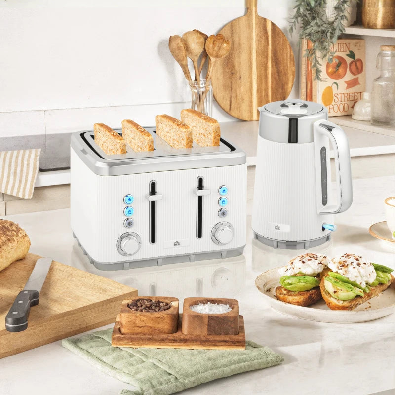 Electric Stainless Steel Kettle & Toaster Set - 3000W Fast Boil 1.7L Kettle with Strix Thermostat & 4 Slice Toaster, White