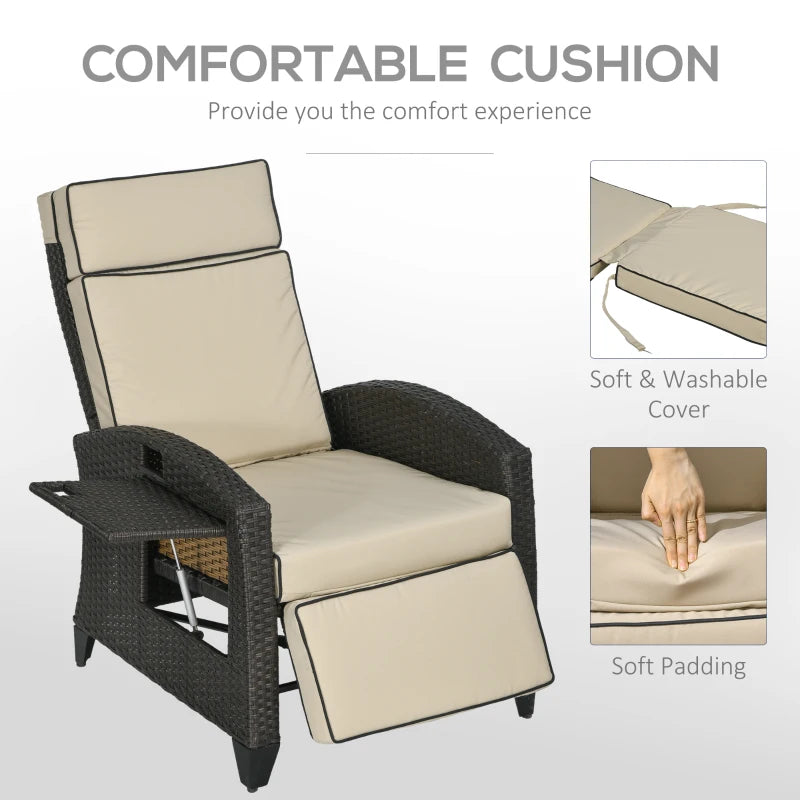 Khaki Outdoor Recliner Chair with Adjustable Backrest, Footrest, Cushion & Side Tray