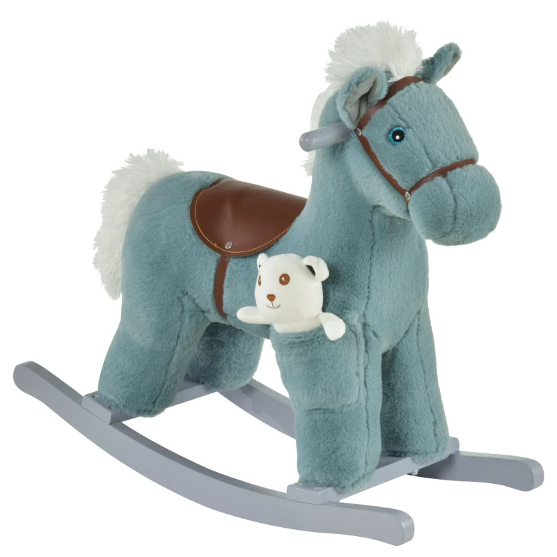 Kids Plush Ride-On Rocking Horse Toy with Realistic Sounds - Soft Blue Rocker for Toddlers 18-36 Months