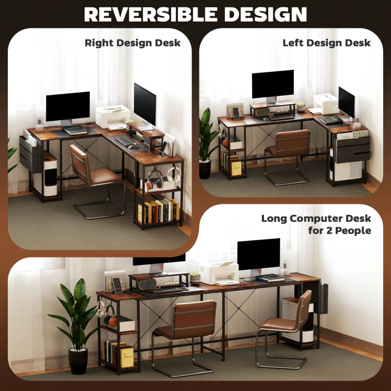 168cm Reversible L Shaped Desk - Industrial Corner Computer Table with Adjustable Shelf & Storage Bag, Rustic Brown, 2 Person PC Table
