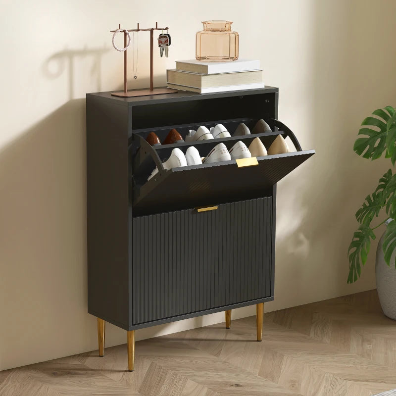 Narrow Black Shoe Cabinet with 2 Flip Drawers for Space Saving Storage