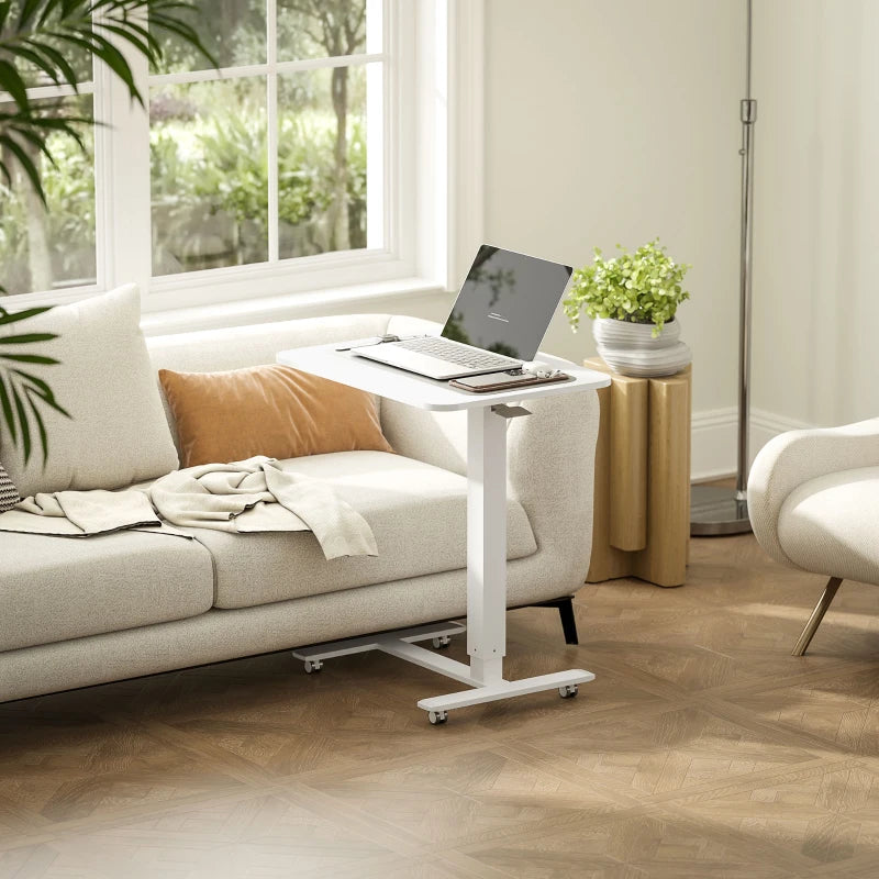Height Adjustable Pneumatic Standing Desk - Mobile Overbed Table with Wheels for Home Office & Laptop - White Finish