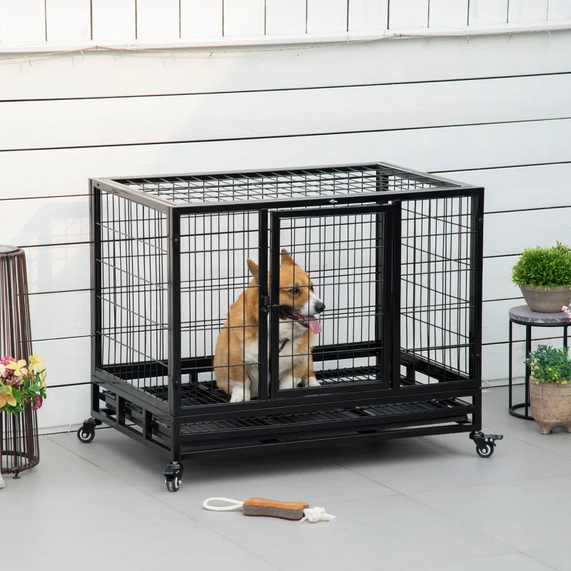 36" Heavy Duty Metal Dog Crate with Tray & Wheels - Black Medium Pet Kennel for Dogs