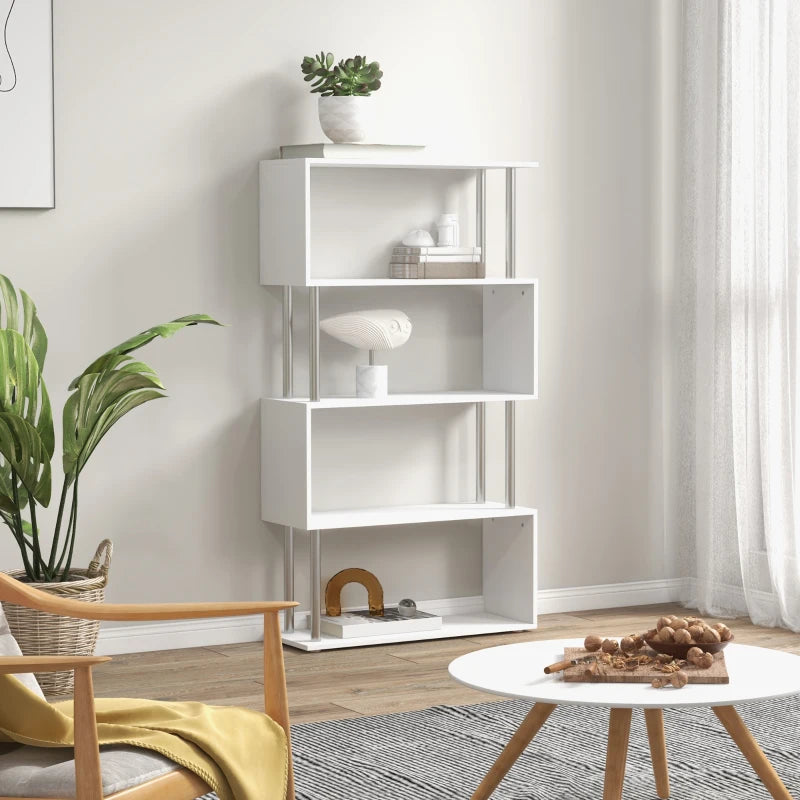 Modern S Shape 5-Tier Bookcase - Freestanding White Bookshelf for Home Office, Study & Living Room, 80x30x145cm
