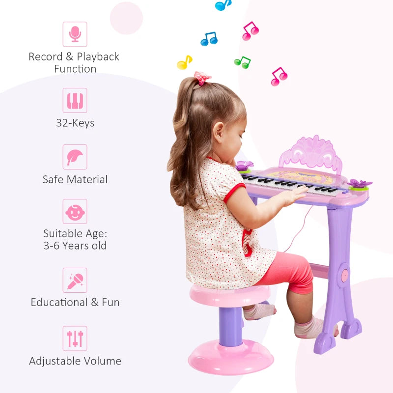 32 Keys Kids Mini Electronic Keyboard - Educational Musical Instrument Toy with Stool & Microphone for Children - Grand Piano Style