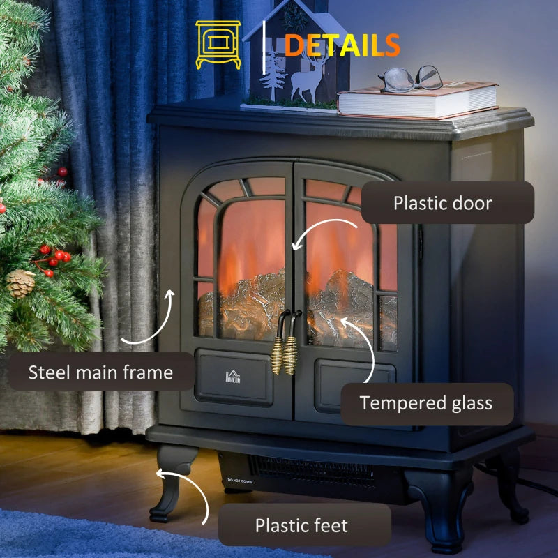 Electric Fireplace Stove Heater with LED Flame Effect Freestanding Portable Overheat Protection 1000W 2000W Black